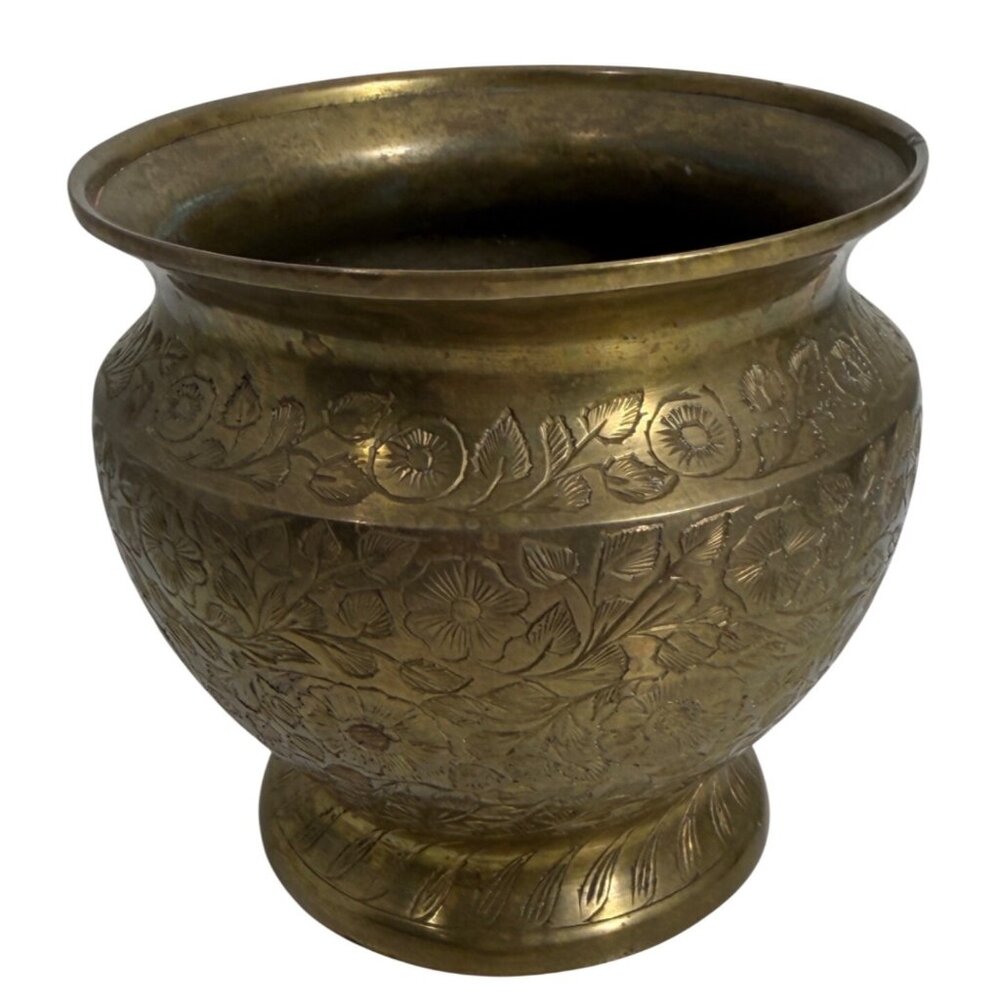 Vintage Hand Etched Brass Pot with Intricate Floral Design Signed by Artist